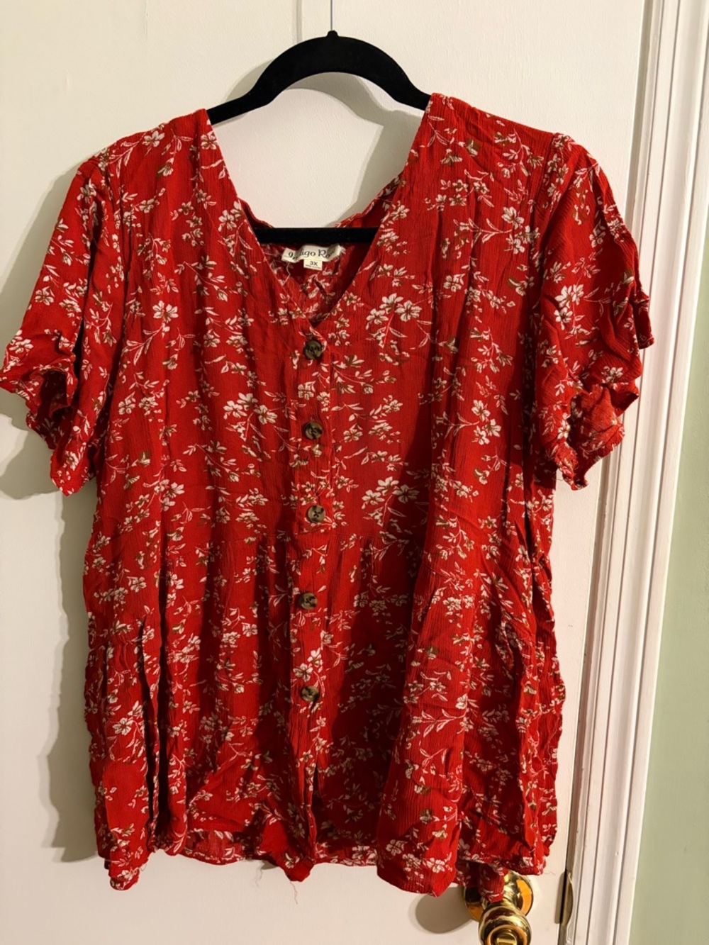Woven Red Floral Button-Front Blouse